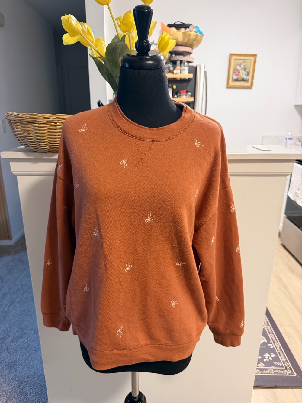 Madewell Burnt Orange Crewneck Sweater with White Embroidered Motifs